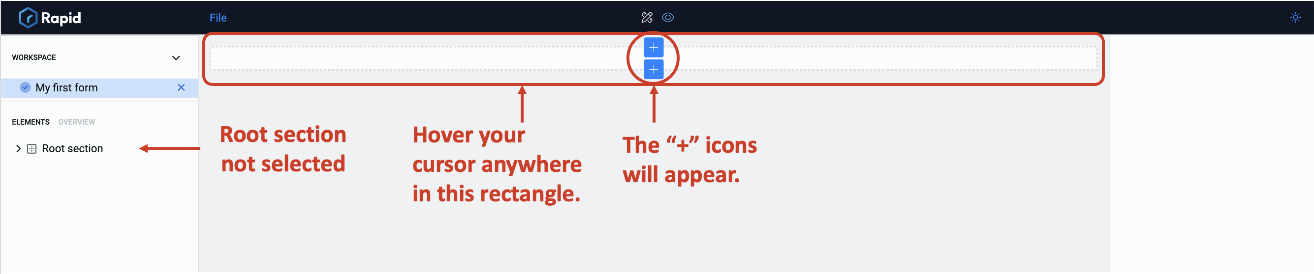 Image showing icons to add elements when section is not selected